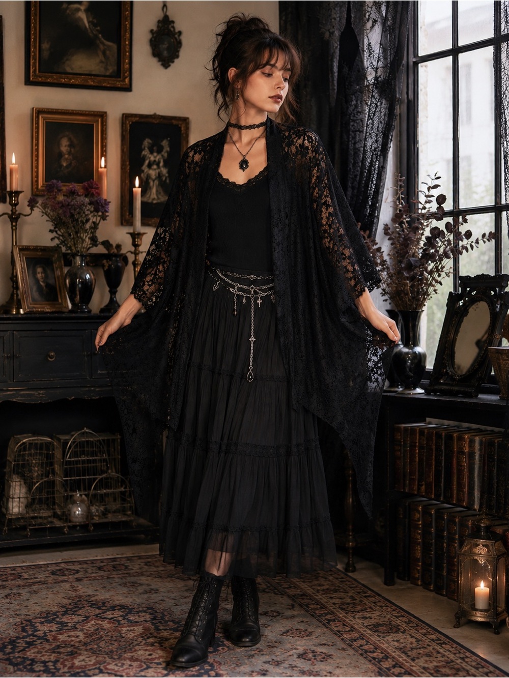 Shannon Ford New York Black Floral Lace Open Front Kimono Cardigan Medium Gothic